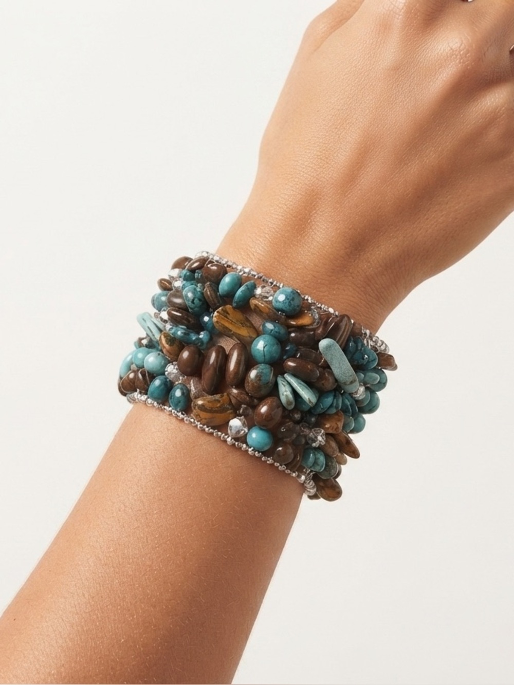 Artisan Made Turquoise & Bead
Silver Tone Open Cuff Bracelet - Picture 2 of 5